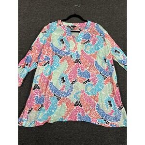 Talbots Popover Tunic Women's 3X Plus Pink Blue Floral Print Cotton Breezy